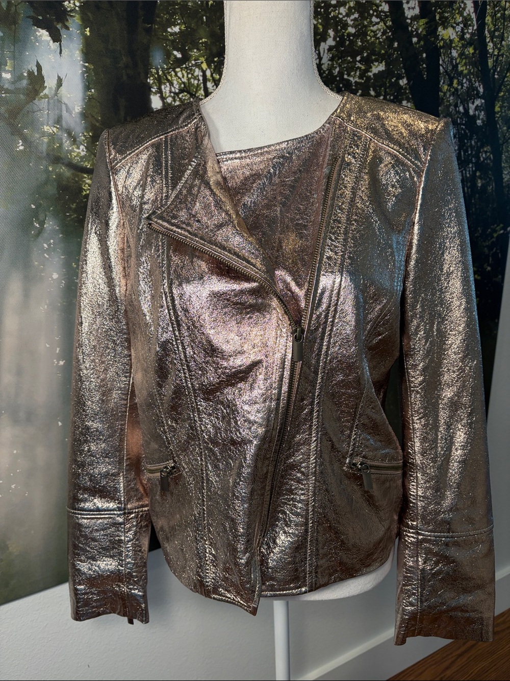 White House Black Market Metallic Genuine Leather Moto Jacket